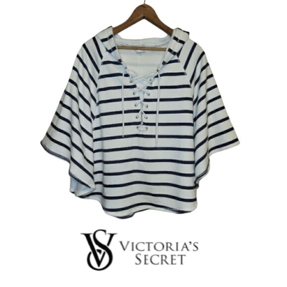 Victoria's Secret Oversized Navy and White Stripe Hooded Sweatshirt Poncho Small - Picture 1 of 13